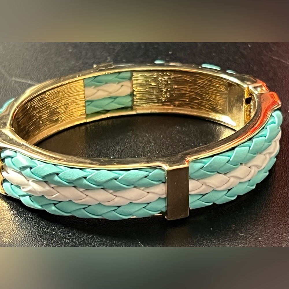 Gold Tone Aqua and White Vegan Braided Leather Clamper Bracelet